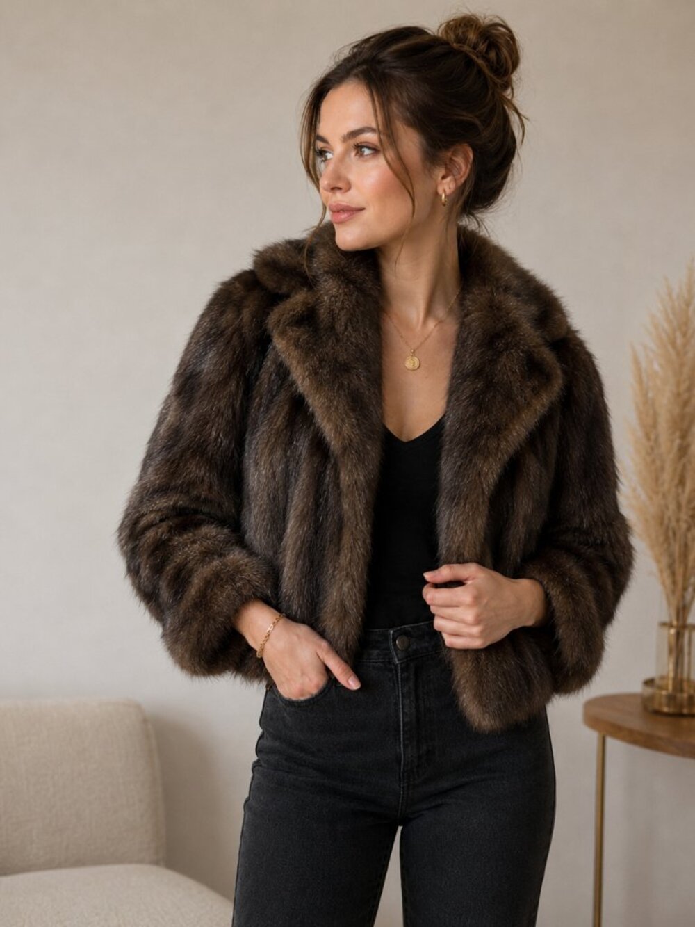 Innes of Wichita Vintage Genuine Mink Fur Jacket Brown‎ Cropped Cape Stole Wrap